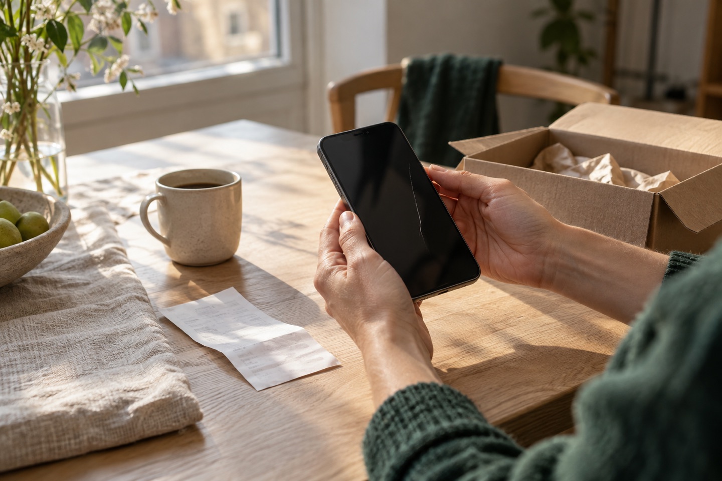 A person examining a phone at a wooden table