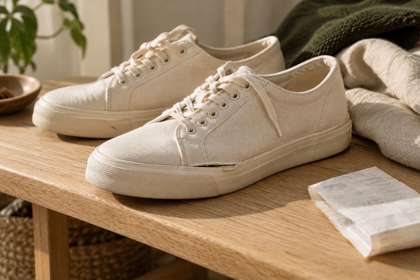 Light-coloured everyday shoes on a wooden table
